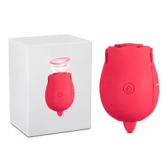 Customizable 7-Function Red Color Silicone Clitoral Rose Sucking Vibrator with Vibrating Tongue