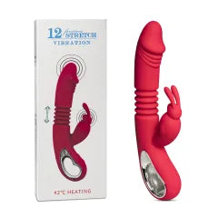 12-Speed Red Color Silicone Thrusting Rabbit Vibrator with Heating Function