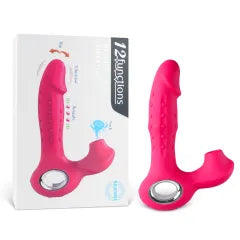 Red Color 12-Speed Silicone Vibrator with Sucking, Finger-Like, and Beaded Up-and-Down Motion Functions