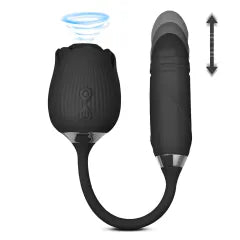 10-Speed Black Color Silicone Clitoral Sucking Rose with Thrusting Vibrator