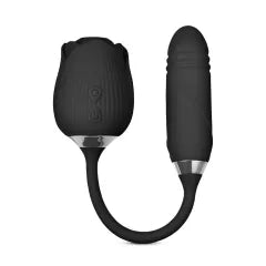 10-Speed Black Color Silicone Clitoral Sucking Rose with Thrusting Vibrator