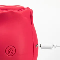 Customizable 7-Function Red Color Silicone Clitoral Rose Sucking Vibrator with Vibrating Tongue