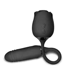 10-Speed Black Color Silicone Clitoral Sucking Rose with Thrusting Vibrator