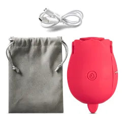 Customizable 7-Function Red Color Silicone Clitoral Rose Sucking Vibrator with Vibrating Tongue
