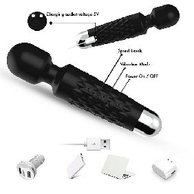 Black Color 9 Speeds Rechargeable Silicone Wand Massager