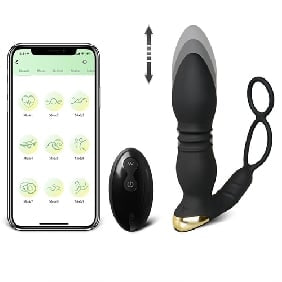 9 Modes APP and Remote Control Black Color Thrusting Vibrating Prostate Massager with Dual Cock Rings