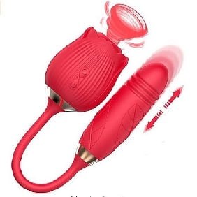 10-Speed Red Color Silicone Clitoral Sucking Rose with Thrusting Vibrator